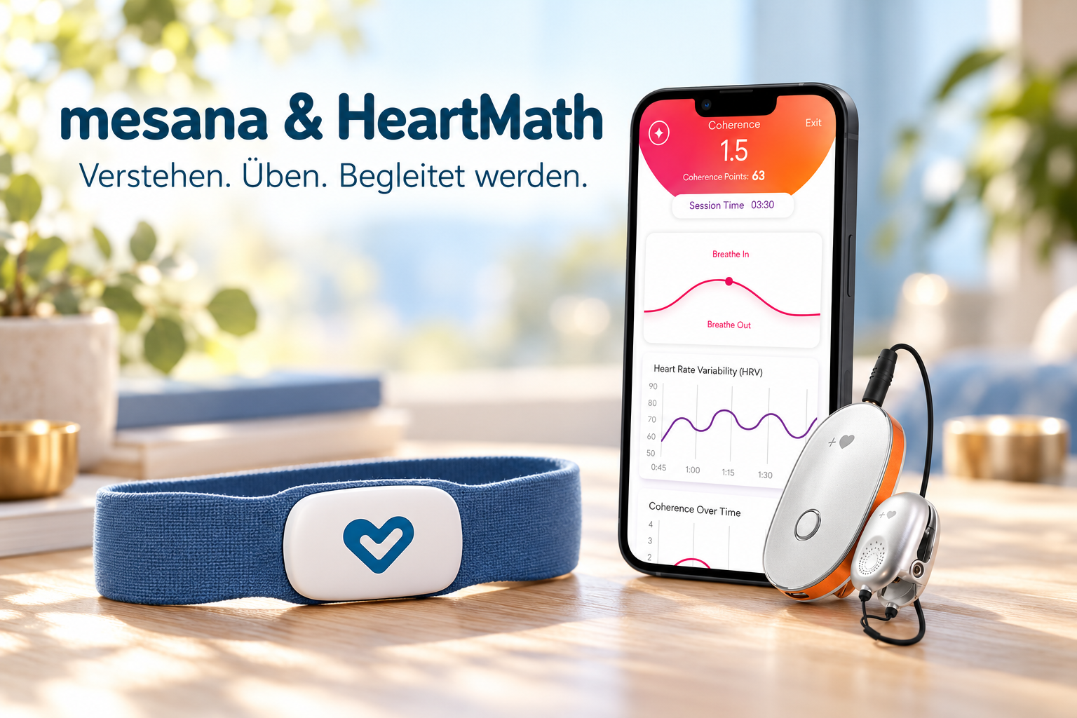 mesana-Rekorder und HeartMath-App mit Sensor – Messung und Coaching