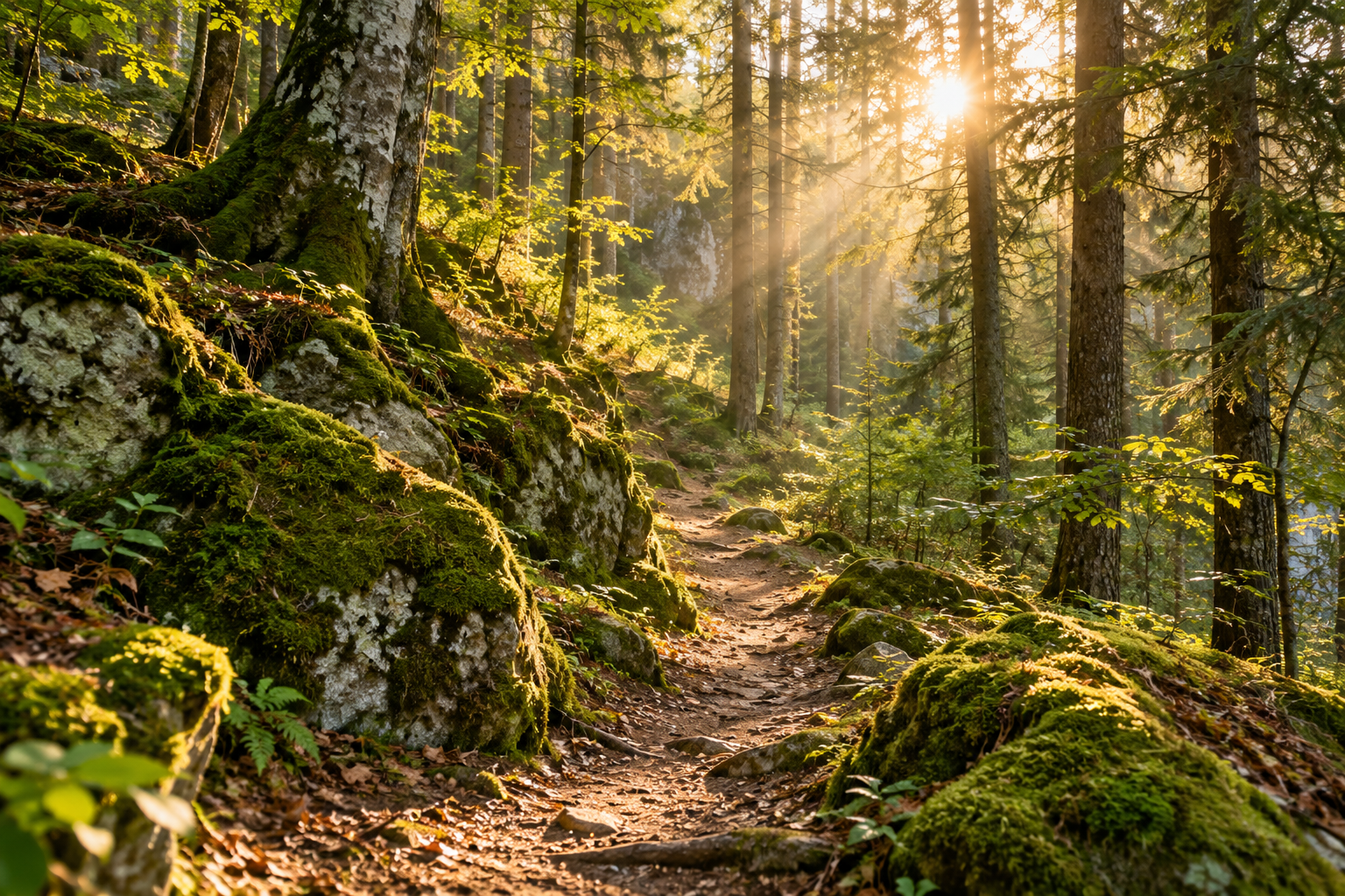 Waldweg im Sonnenlicht