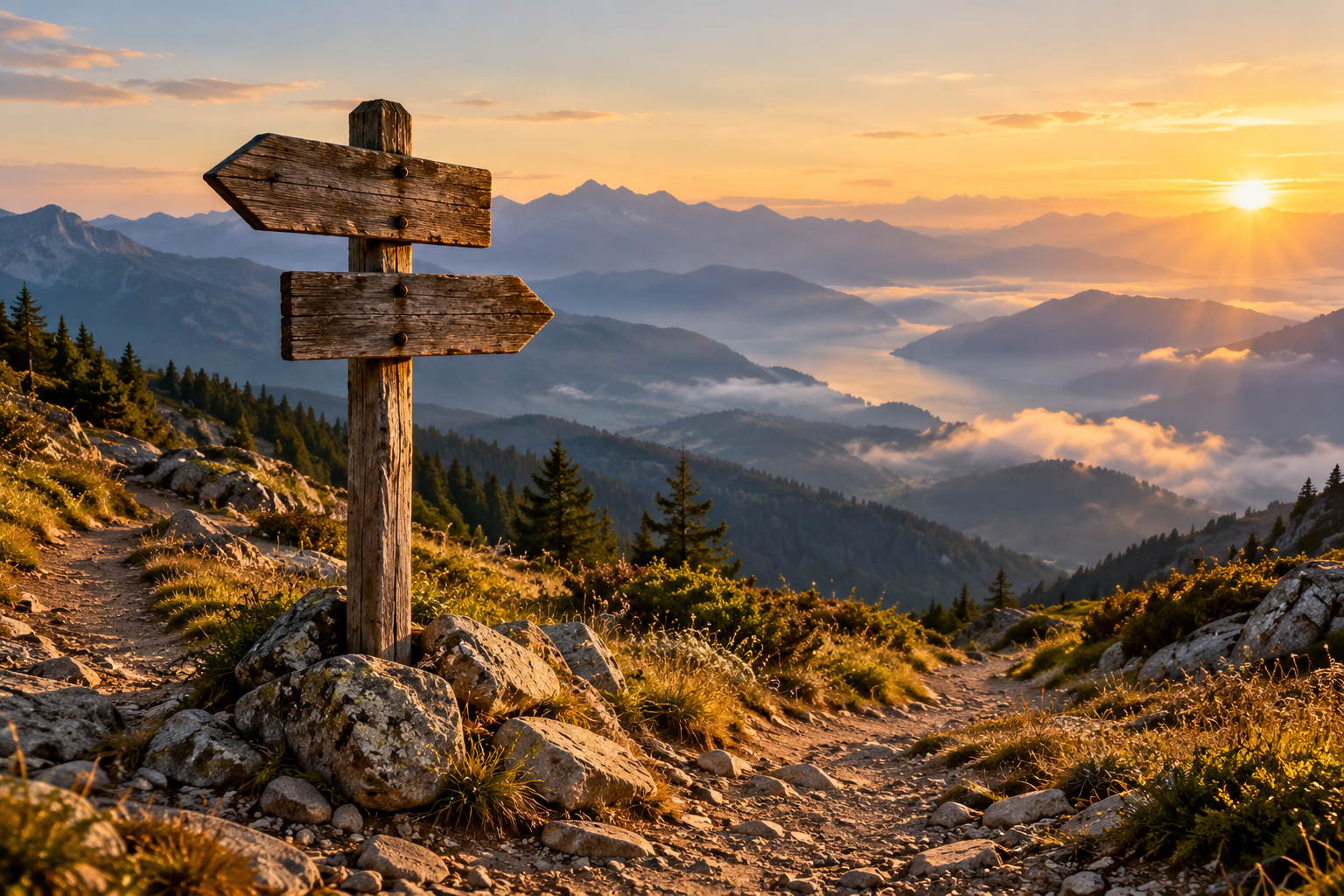 Wegweiser mit Blick auf weite Berglandschaft