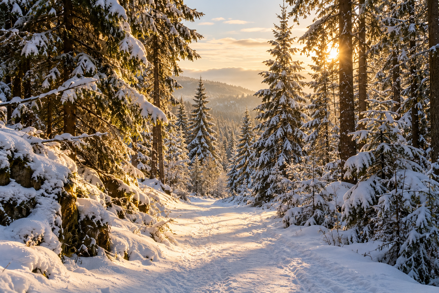 Licht auf einem stillen Winterwaldweg